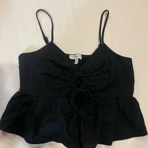 Black Ruched Peplum Cami Top with Adjustable Straps - Linen blend